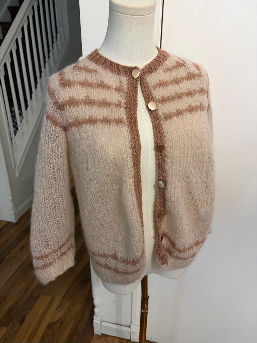 Vintage Beige Cream & Light Brown Striped Knit Fluffy Cardigan Sweater, XS/S